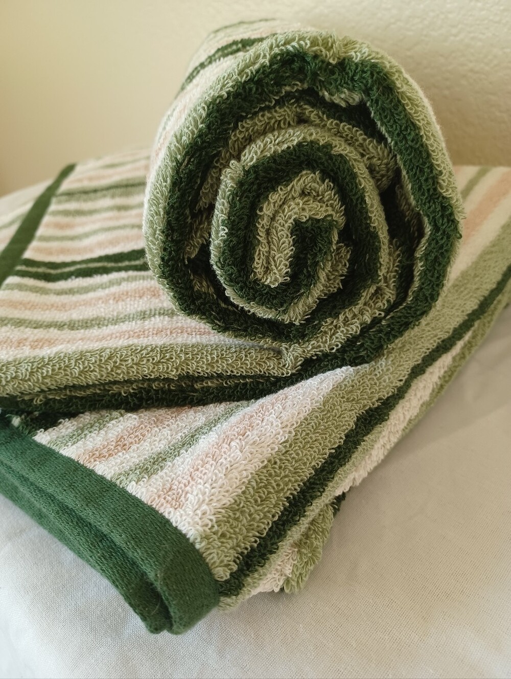 NWT 2 PIECE SET The Big One Bath Towel 100% Cotton Green White Tan Stripes 52x27